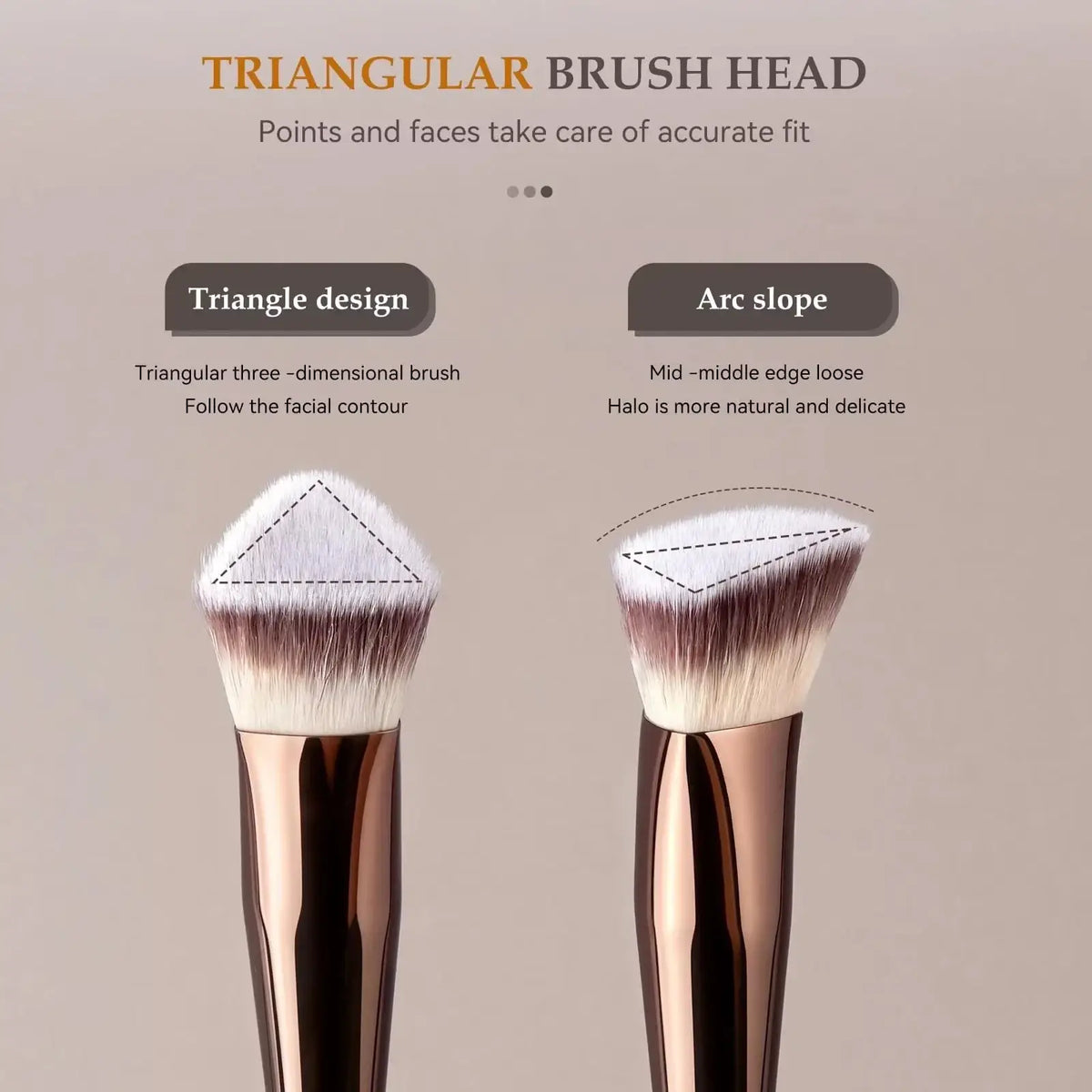 Makeup brush set with wool fiber bristles featuring rose gold handles and triangular and arc-shaped brush heads