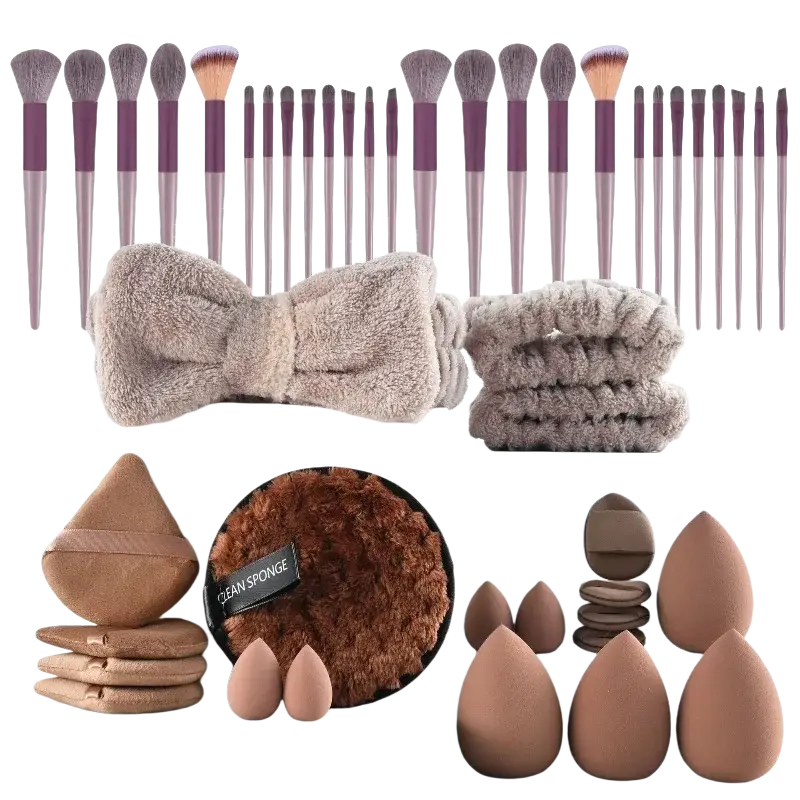 Makeup brush set 46-piece with purple handles silver ferrules beige headband brown sponge for face and eye makeup application
