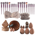 Makeup brush set 46-piece with purple handles silver ferrules beige headband brown sponge for face and eye makeup application