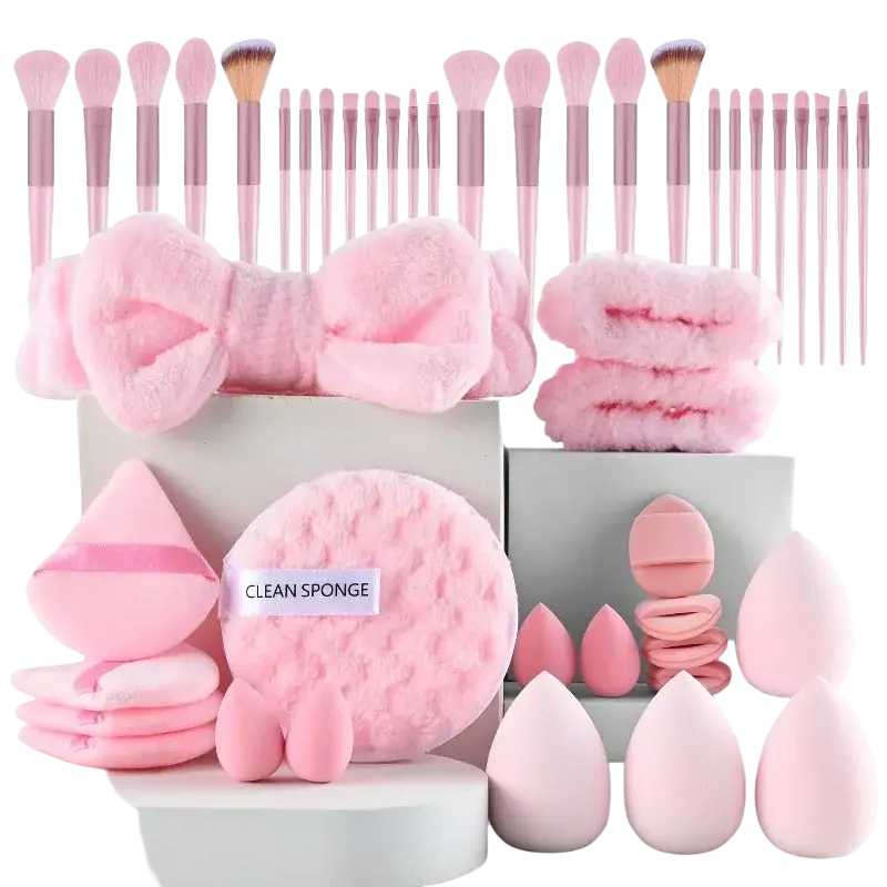 Makeup brush set with 46 pink fluffy brushes and rose gold ferrules for face and eye makeup application