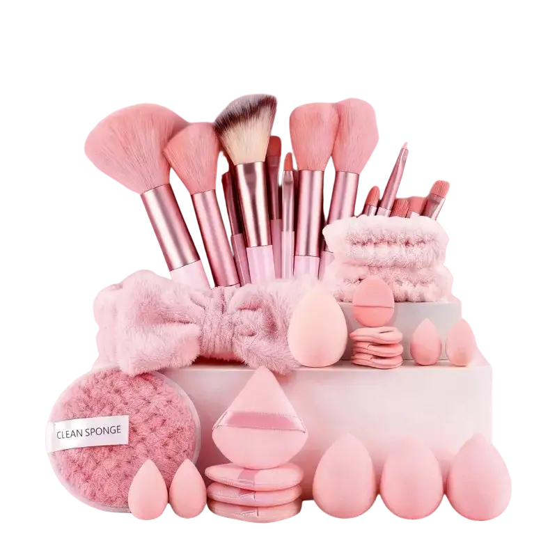 Makeup brush set 46-piece with pink bristles and rose gold ferrules for face and eye makeup application
