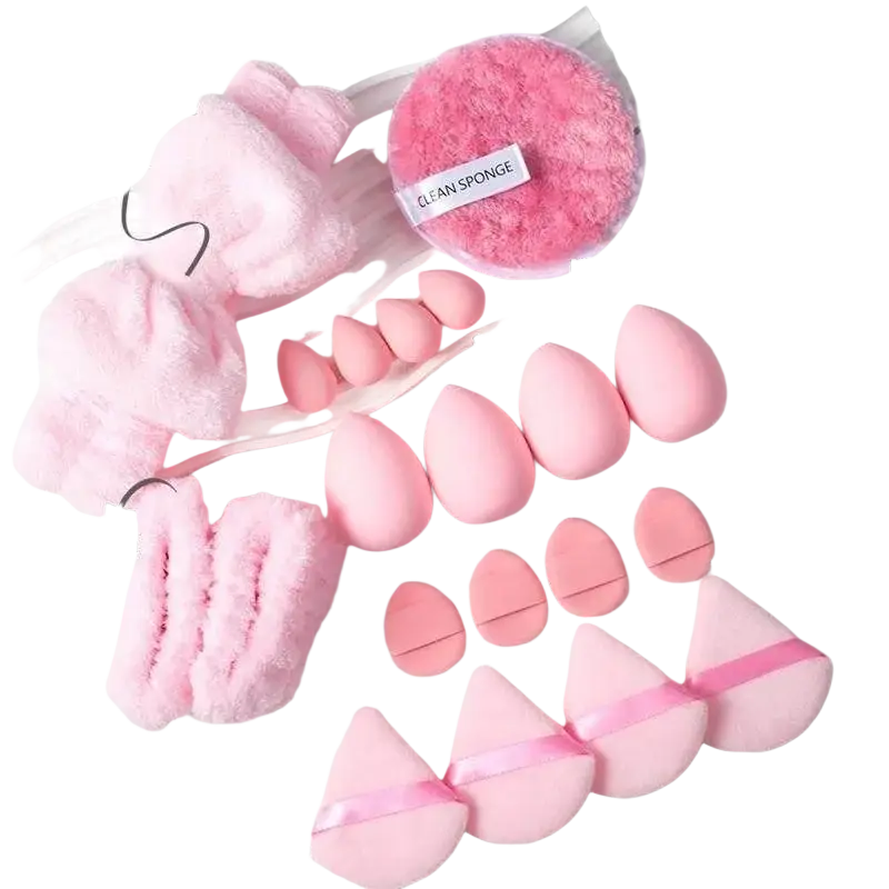 Pink fluffy hair tie with soft plush texture and pastel hue included in makeup brush set for eye makeup application