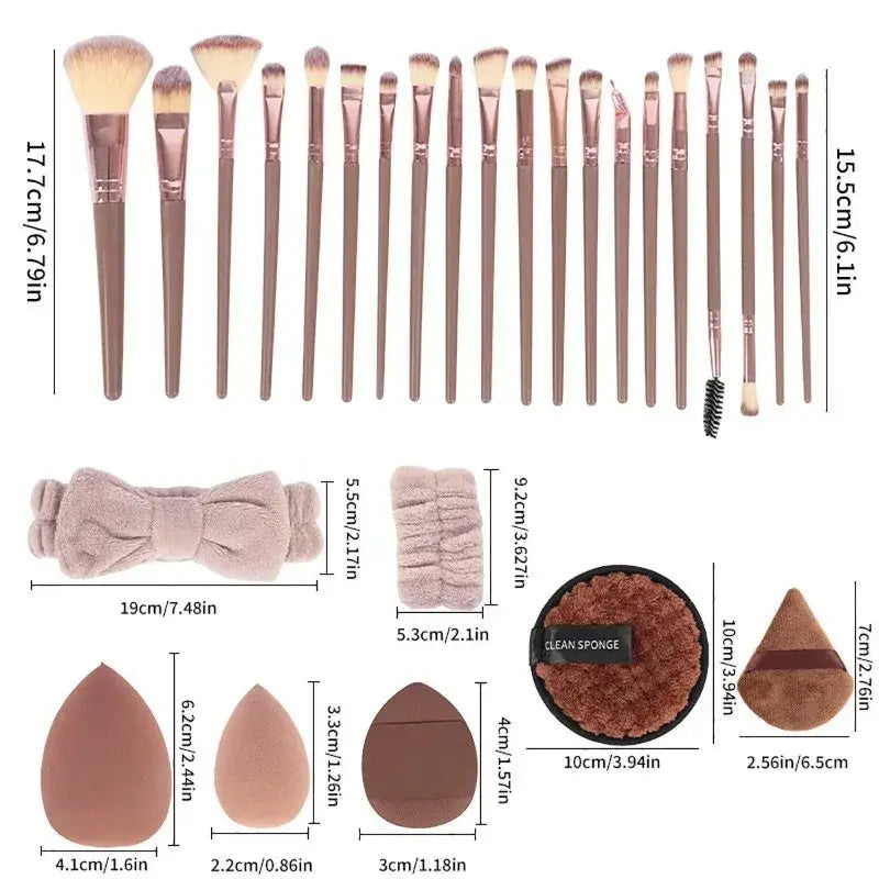 Set of 46-piece rose gold makeup brushes with varying heads, plush headband, and assorted silicone sponges for makeup application