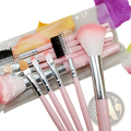 Makeup brush set with five pink gradient bristle tools silver ferrules soft bristles neatly arranged in clear plastic case
