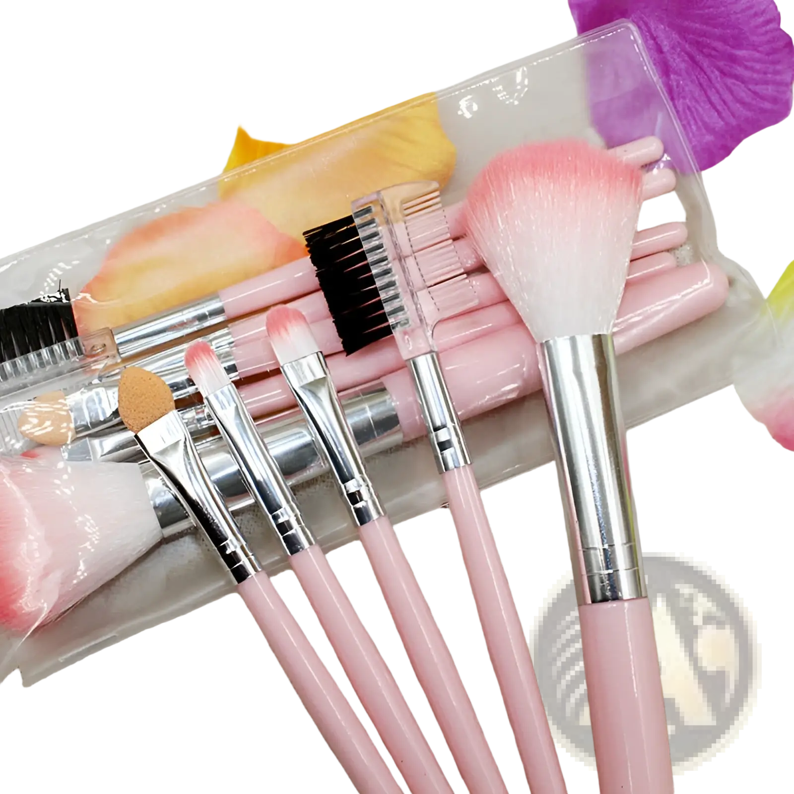 Makeup brush set with five pink gradient bristle tools silver ferrules soft bristles neatly arranged in clear plastic case