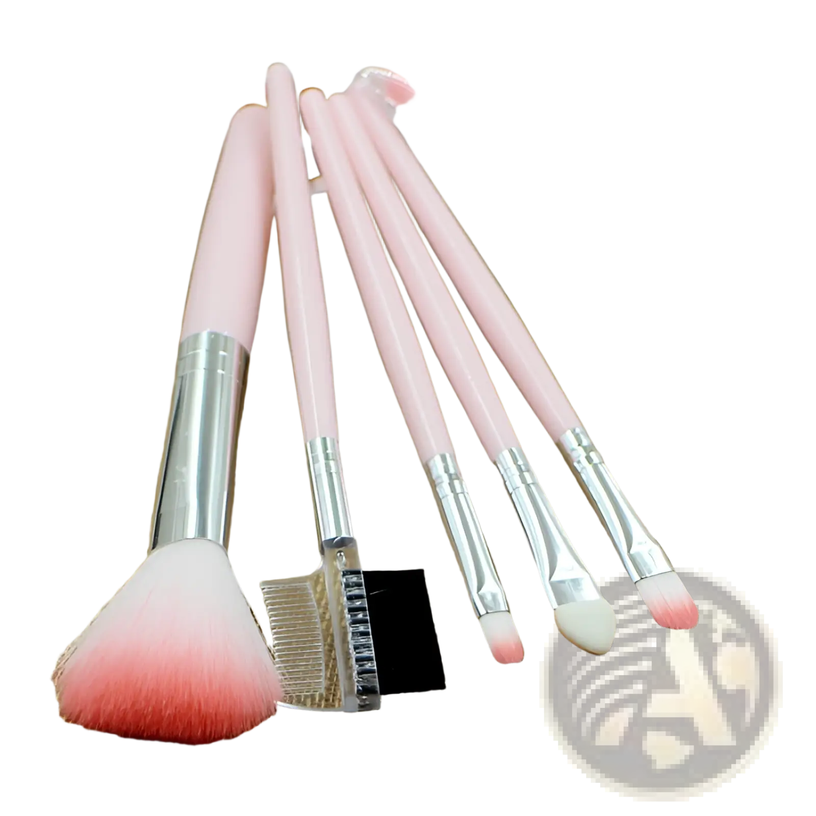 Makeup brush set with five pink and silver gradient bristle tools including a large fan brush and precision brushes