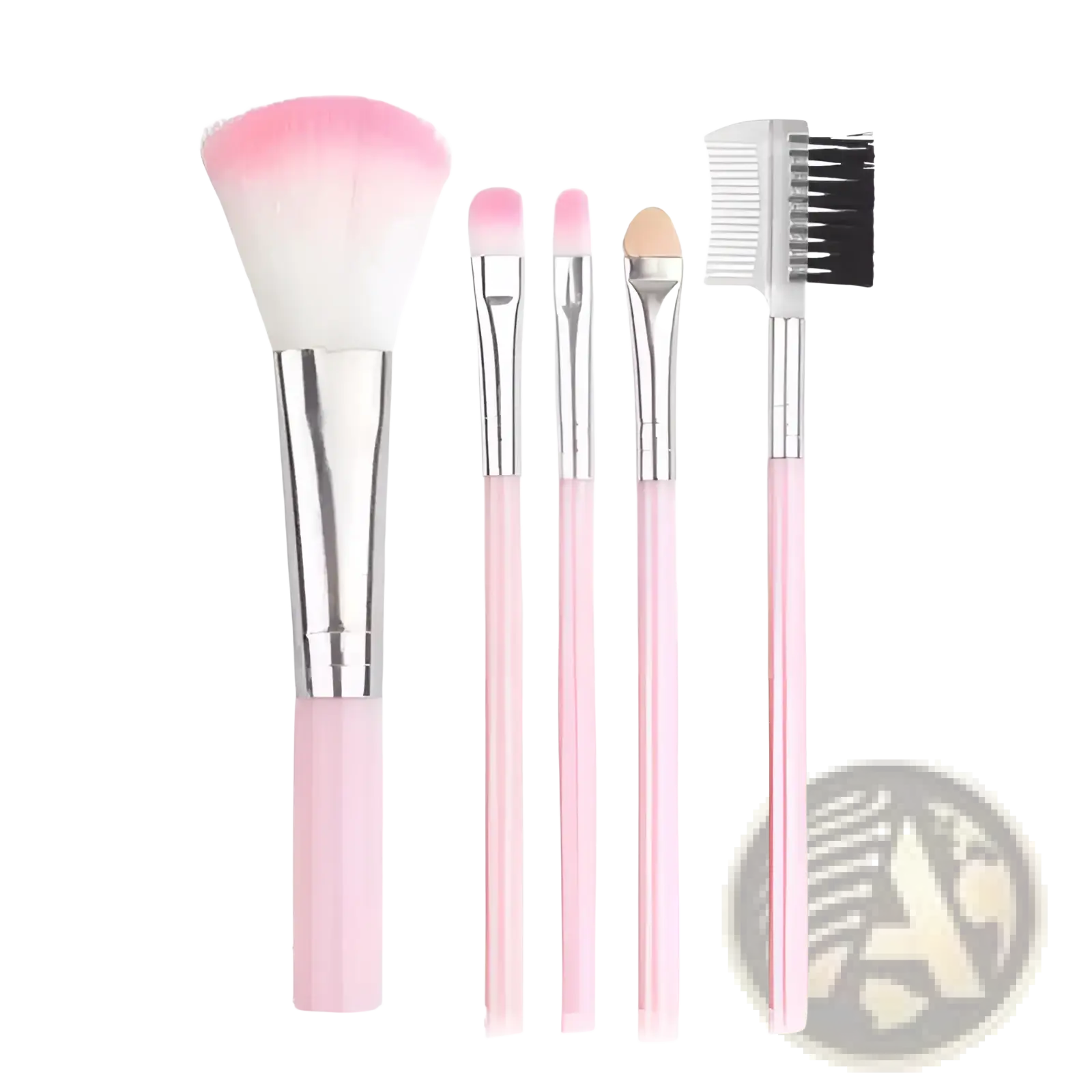 Makeup brush set 5 piece with pink handles silver ferrules and soft gradient bristles for various cosmetic applications