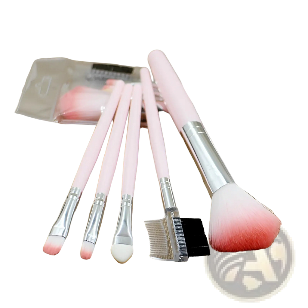Set of five pink handled makeup brushes with gradient red tipped bristles and silver ferrules including a spoolie brush