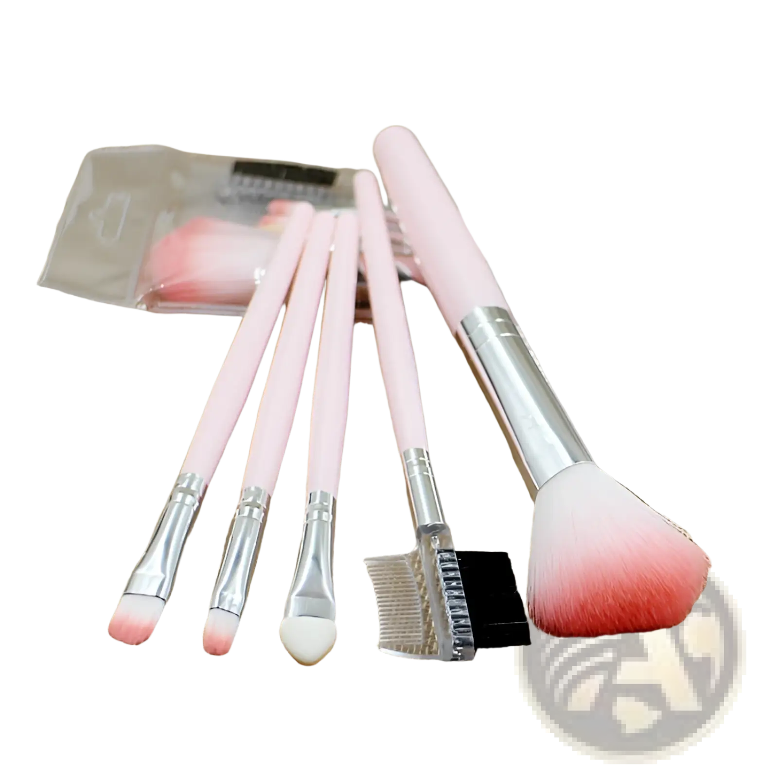 Set of five pink handled makeup brushes with gradient red tipped bristles and silver ferrules including a spoolie brush