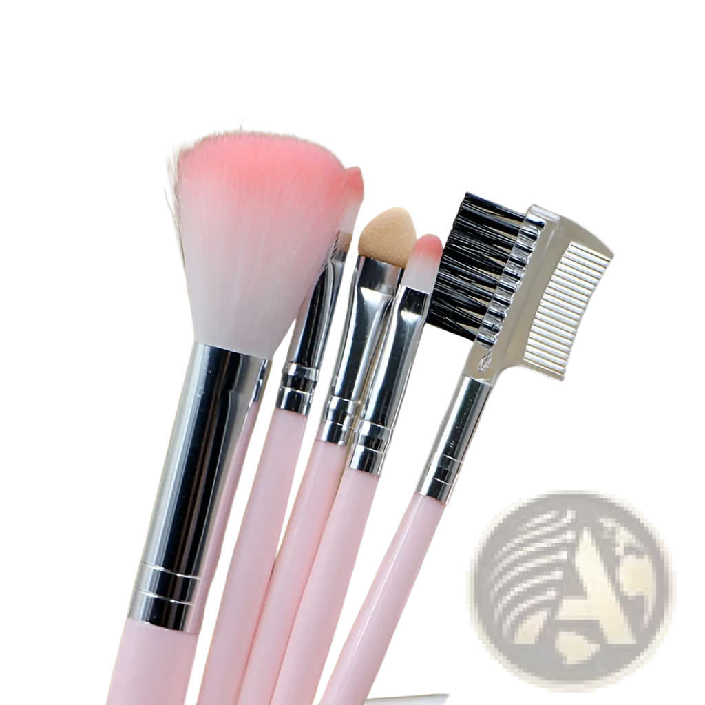 Set of five pink-handled makeup brushes with silver ferrules and assorted bristles including a large fluffy blush brush