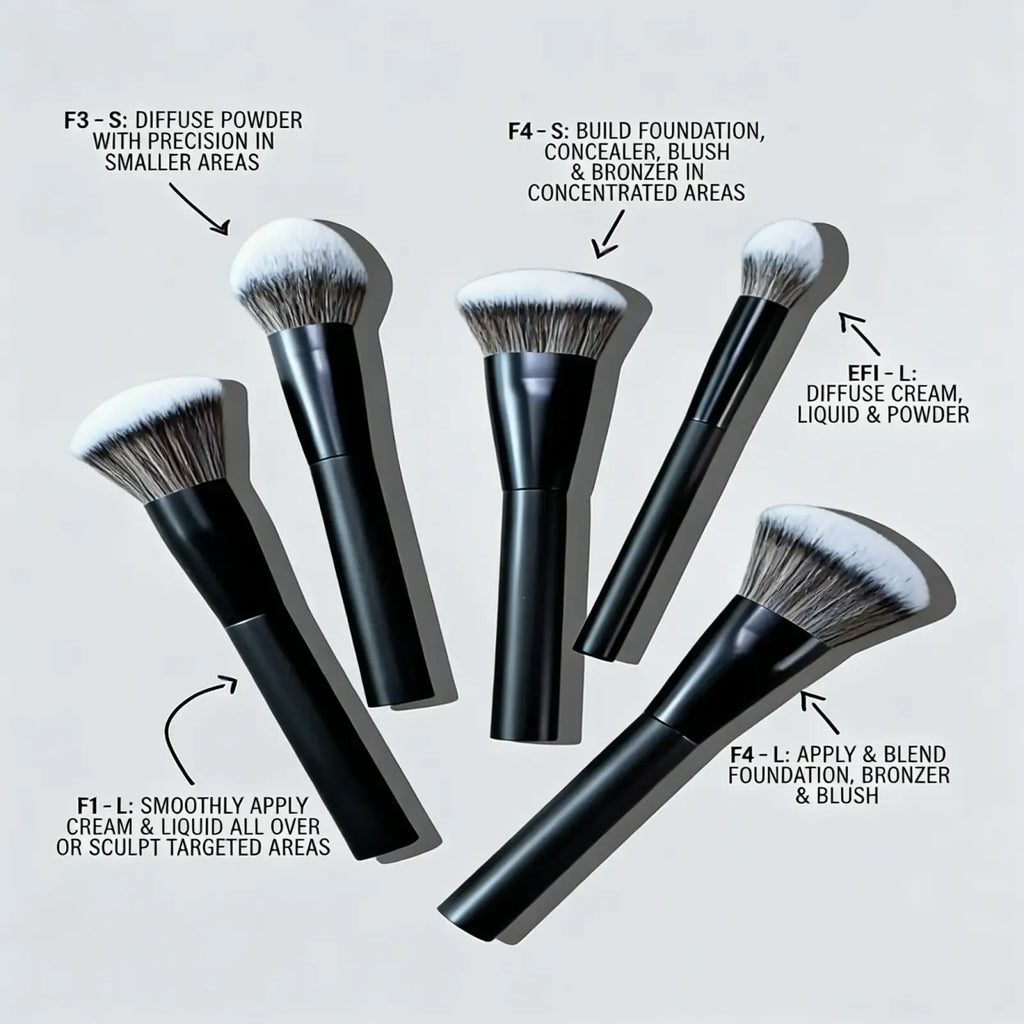 Set of five black-handled makeup brushes with soft dense bristles for professional makeup application techniques