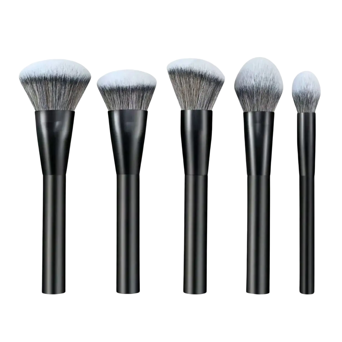 Set of five professional makeup brushes with black handles and soft gradient gray and white bristles for precise application