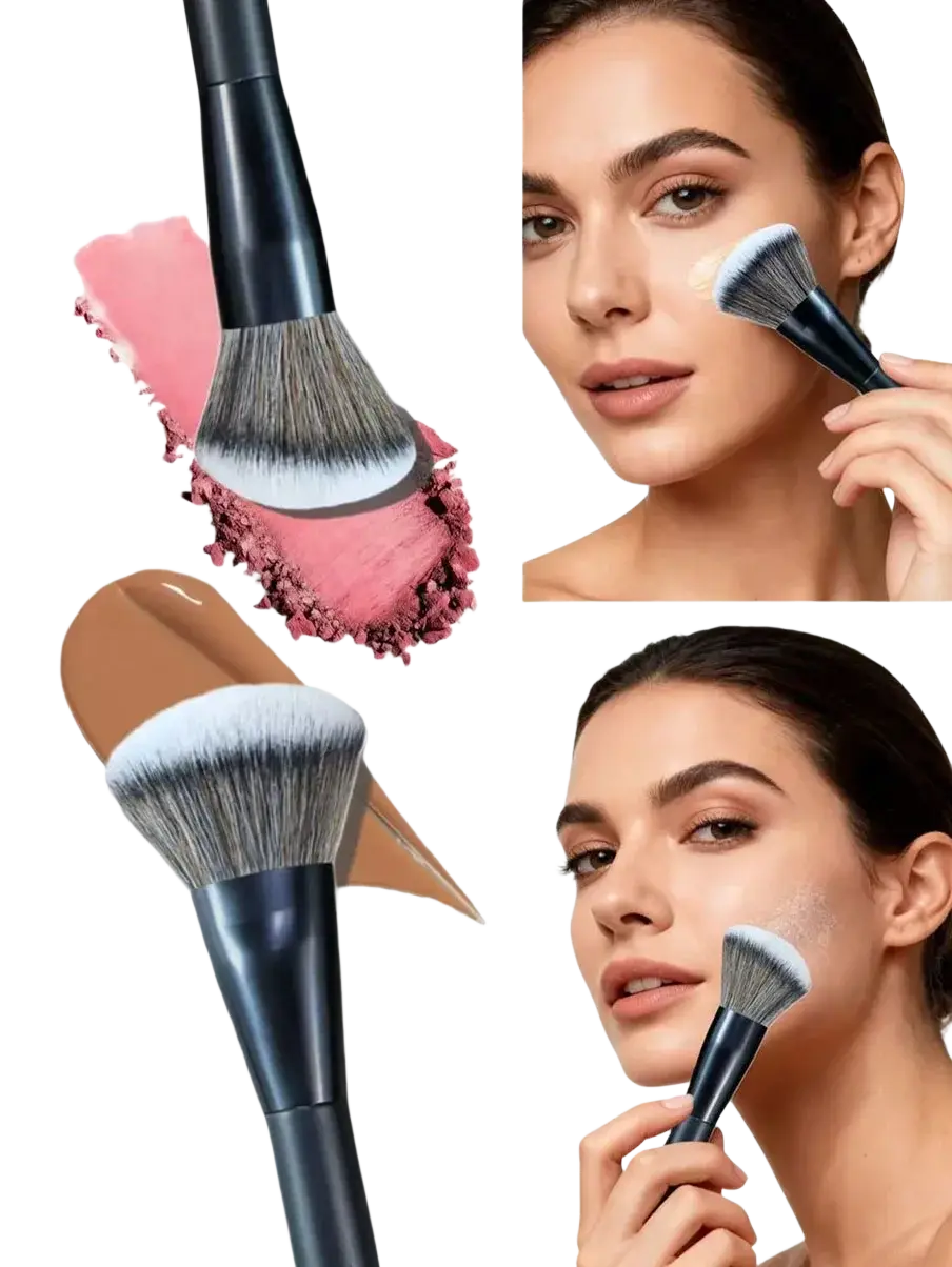 Black-handled makeup brush with dense gradient gray and white bristles from a professional 5 piece makeup brush set