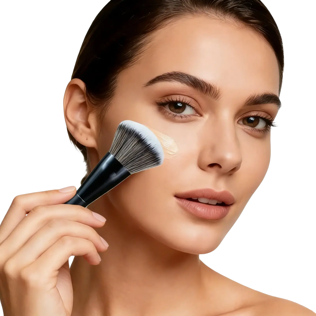 Black-handled makeup brush with dense soft bristles and white tip from 5 piece professional makeup brush set
