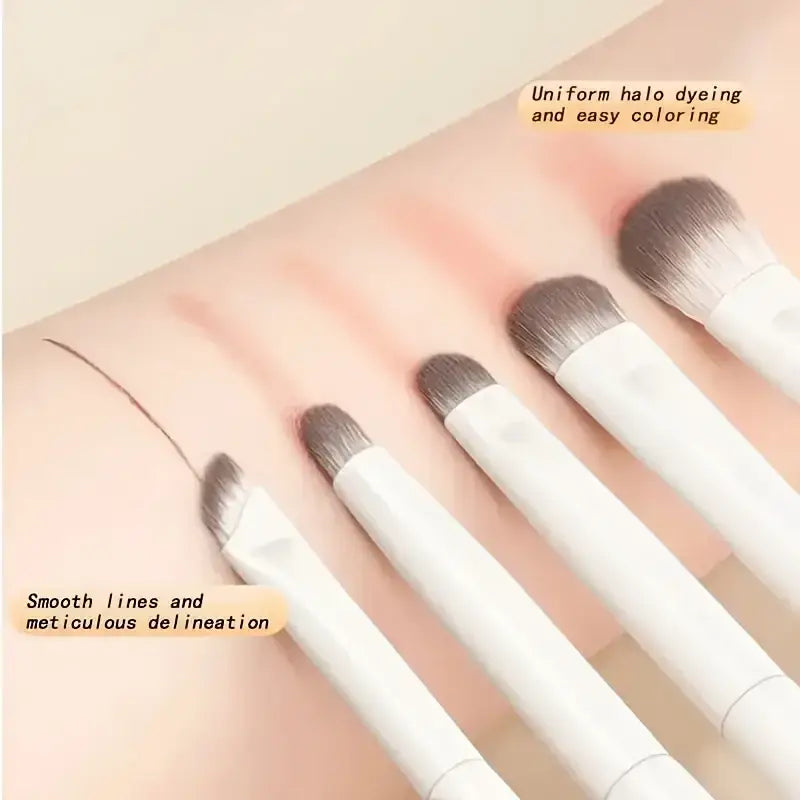 Makeup brush set 5 piece white eye travel kit with white handles and gradient gray bristles featuring uniform halo dyeing