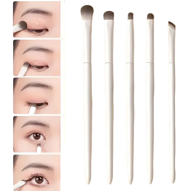 Set of five sleek white makeup brushes with varying shapes for precise eye makeup application travel kit