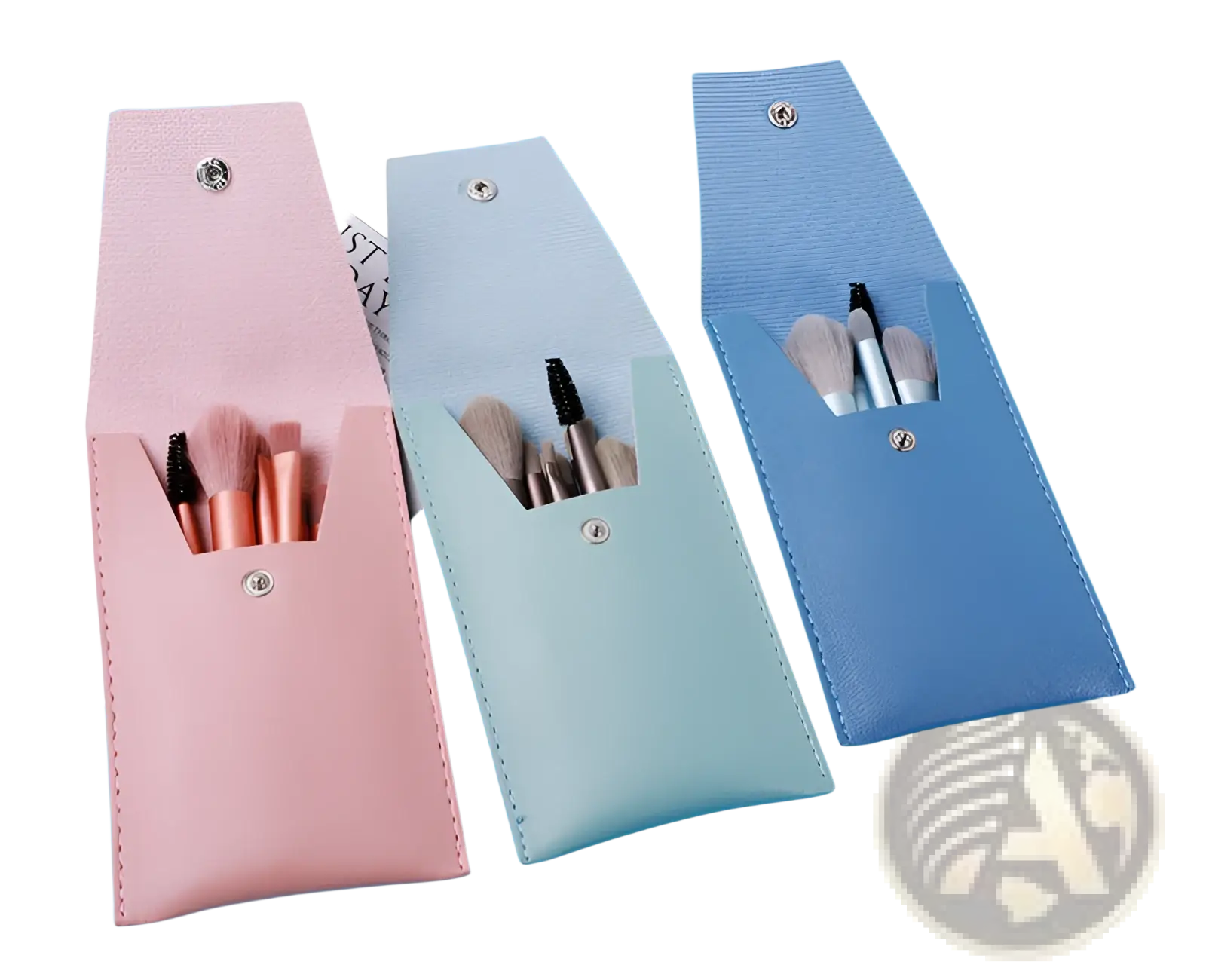 Makeup brush set with 8 pieces featuring pastel-colored leather cases in pink mint green and blue for organized storage