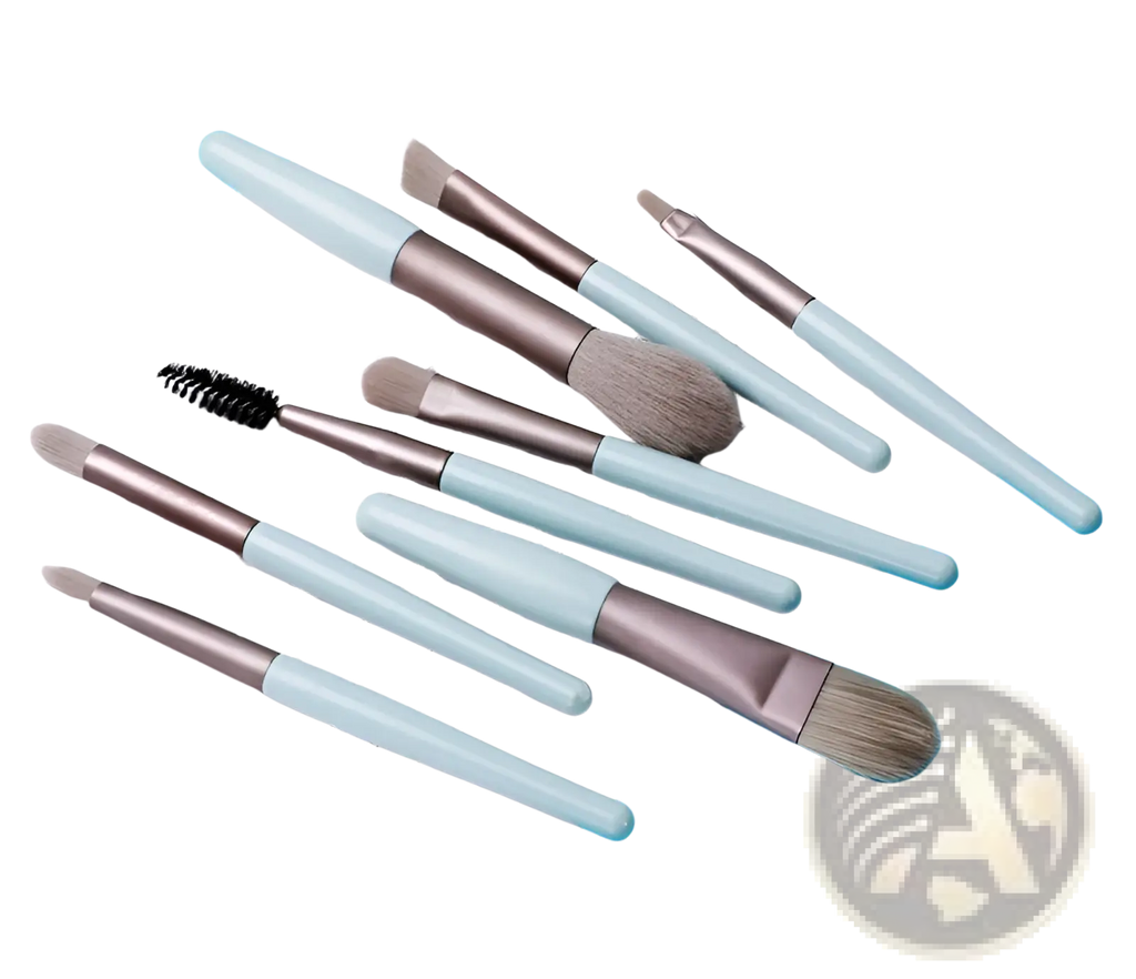 Set of seven light blue and metallic silver makeup brushes with soft bristles from an 8-piece set with leather case