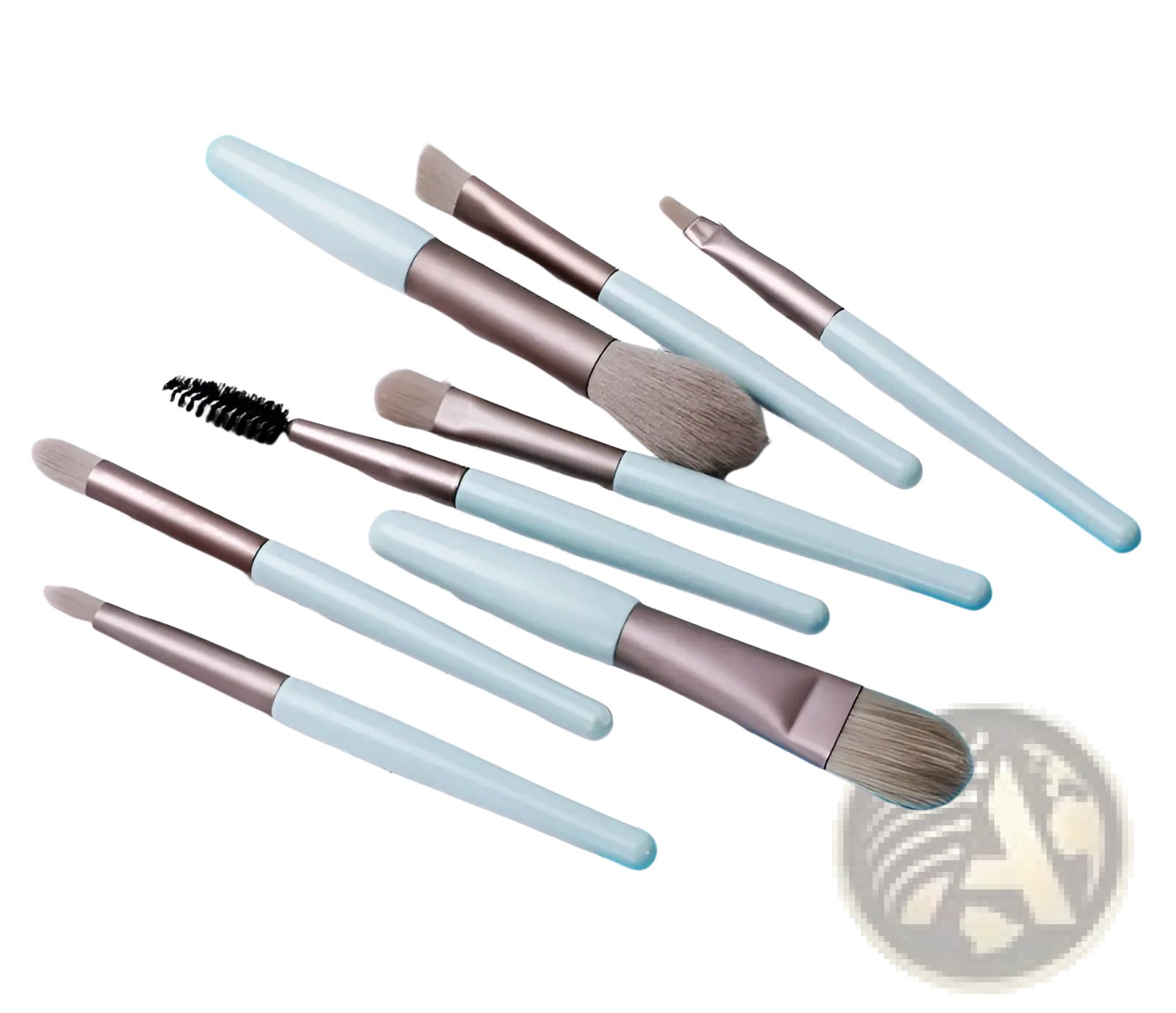 Set of seven light blue and metallic silver makeup brushes with soft bristles from an 8-piece set with leather case