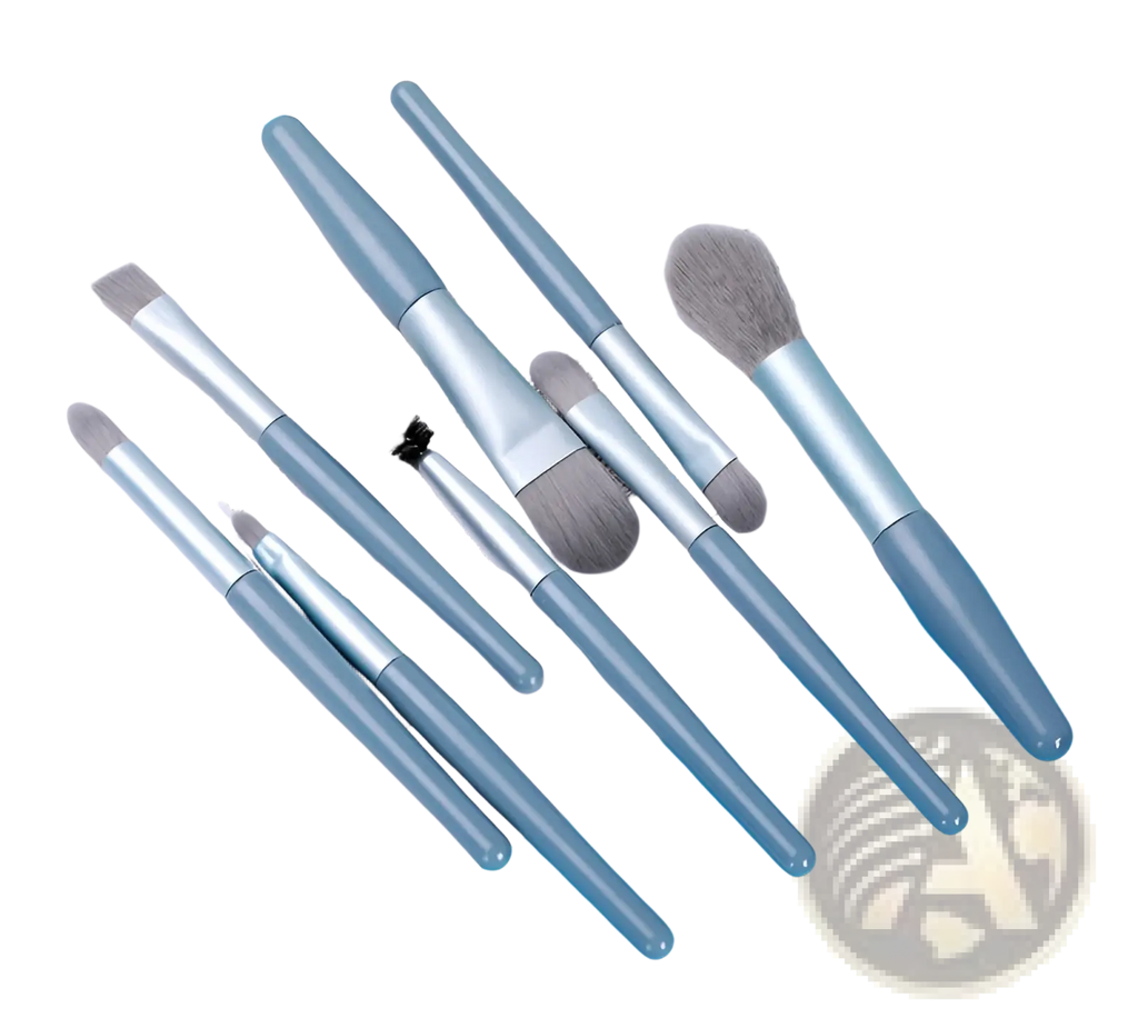 Makeup brush set with eight pieces featuring light blue plastic handles and soft gray bristles for precise application