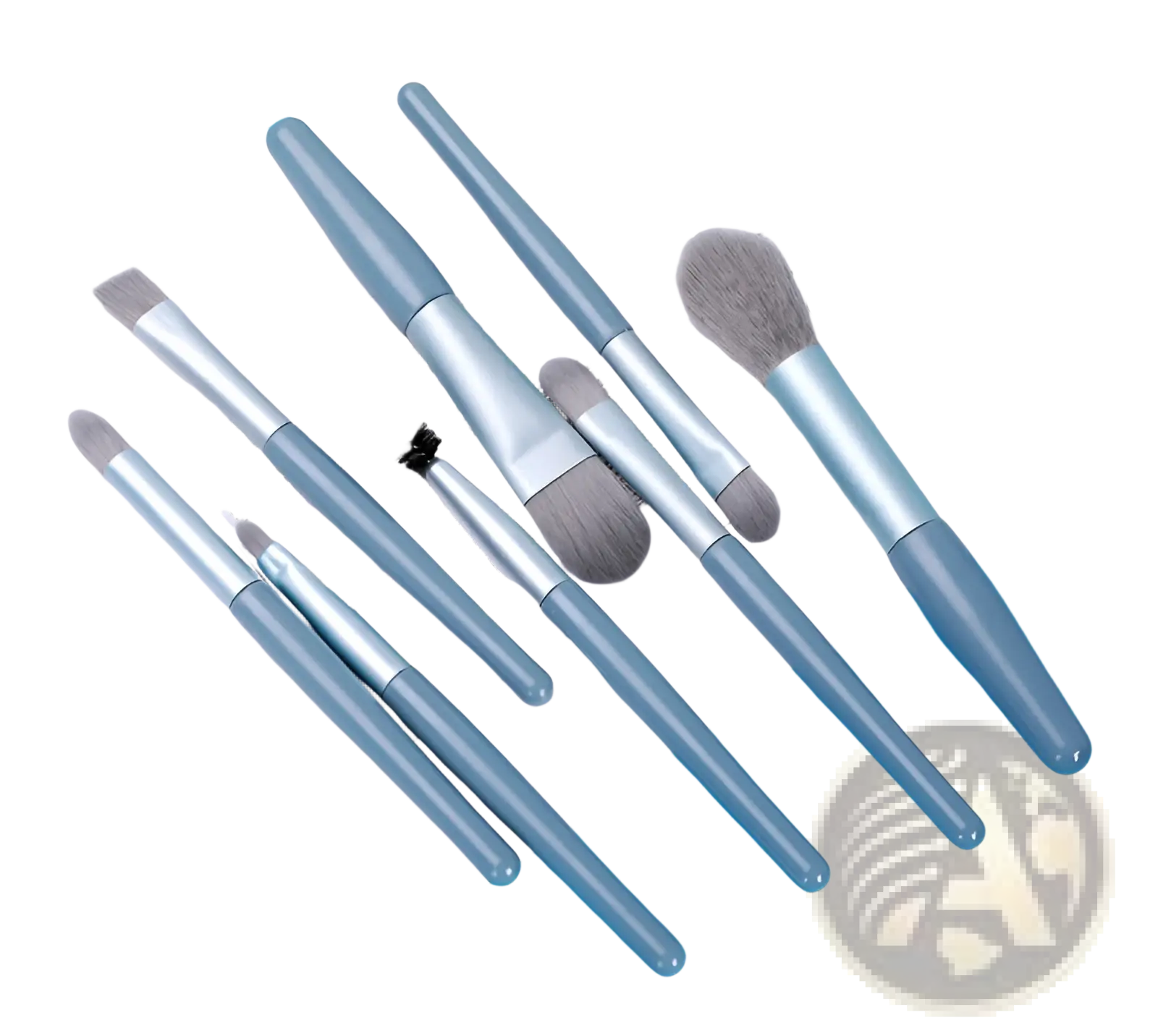 Makeup brush set with eight pieces featuring light blue plastic handles and soft gray bristles for precise application