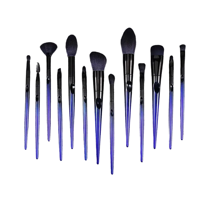 Set of 12 professional makeup brushes with gradient blue and black handles and soft dense bristles for makeup application
