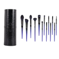 Makeup brush set of 13 purple and black brushes with soft bristles and a crocodile-textured black cylindrical case