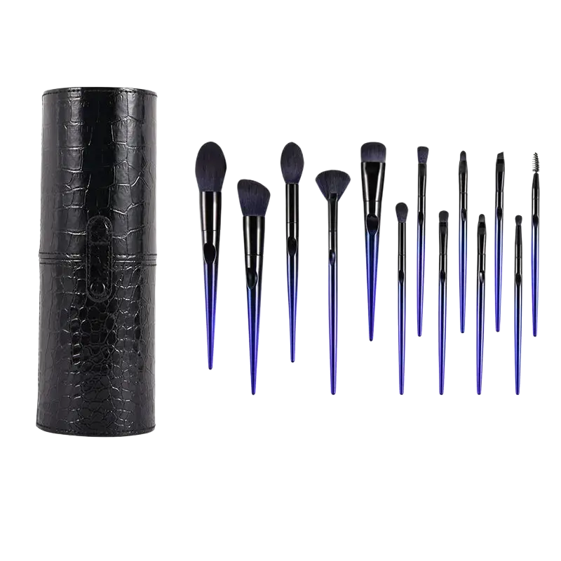 Makeup brush set of 13 purple and black brushes with soft bristles and a crocodile-textured black cylindrical case