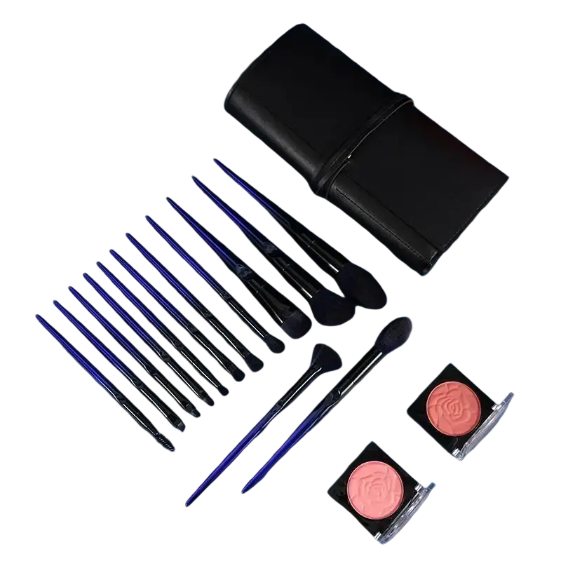 Set of 15 blue and black makeup brushes with soft bristles arranged beside a matching black leather case for makeup use
