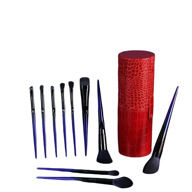 Red crocodile-textured cylindrical makeup brush case for blue soft bristle makeup brush set storage and protection