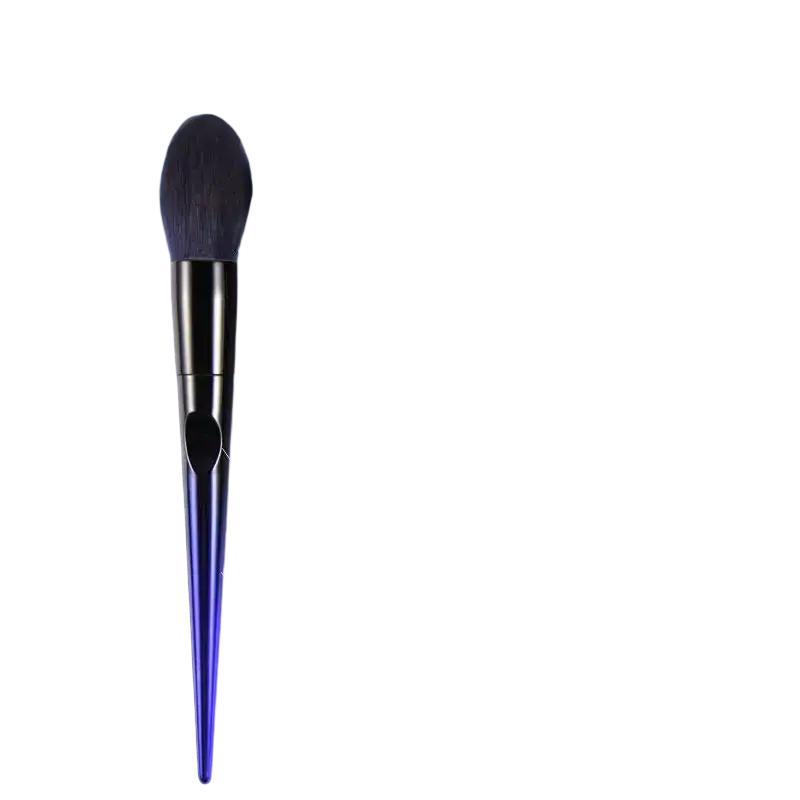A sleek metallic blue makeup brush with soft dark bristles and a black handle from a makeup brush set with case