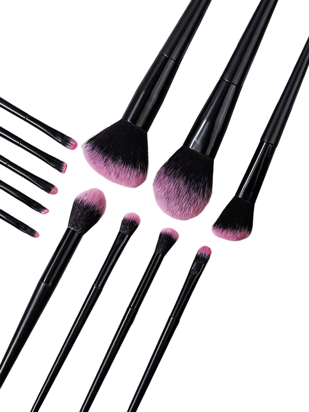 Set of black and pink gradient makeup brushes with sleek handles neatly arranged beside a matching leather case
