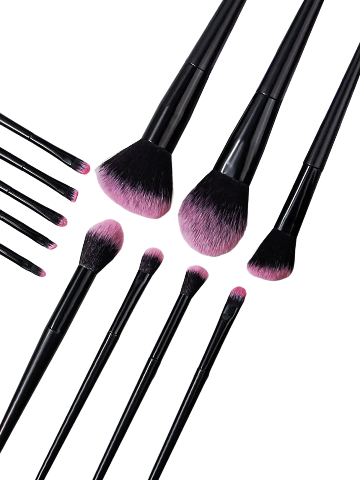Set of black and pink gradient makeup brushes with sleek handles neatly arranged beside a matching leather case