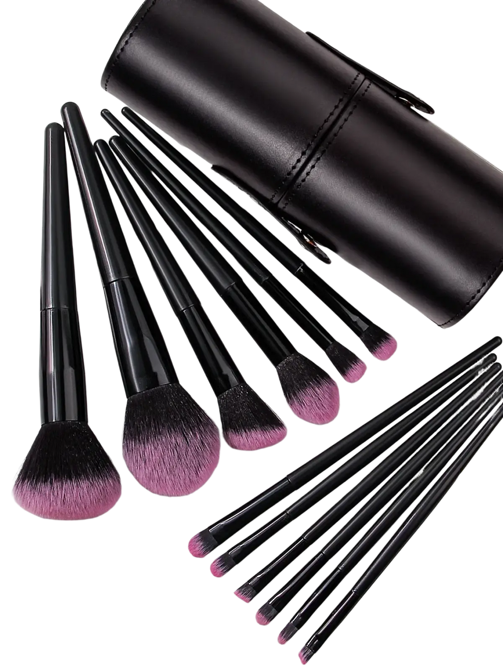 Set of black and pink gradient makeup brushes with matching leather case for professional makeup application