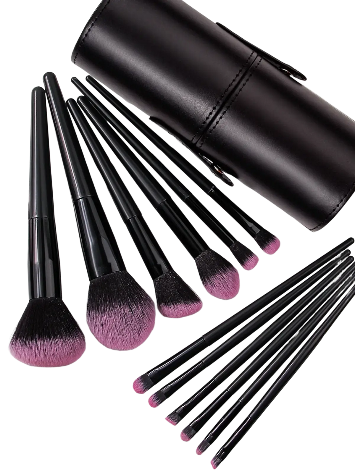 Set of black and pink gradient makeup brushes with matching leather case for professional makeup application