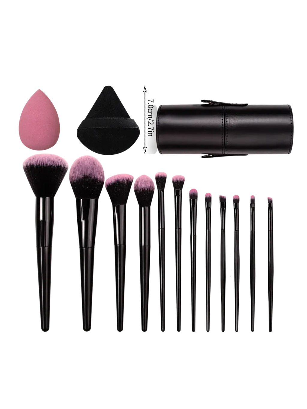 Black cylindrical makeup brush case with zipper closure and leather-like texture in a pink brush set with sponges