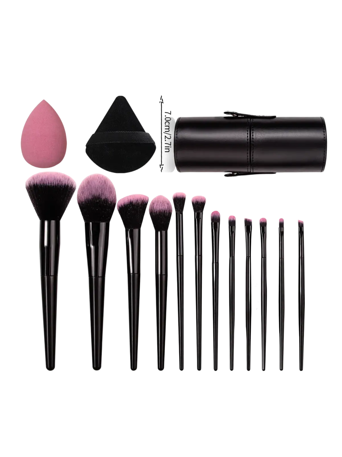 Black cylindrical makeup brush case with zipper closure and leather-like texture in a pink brush set with sponges