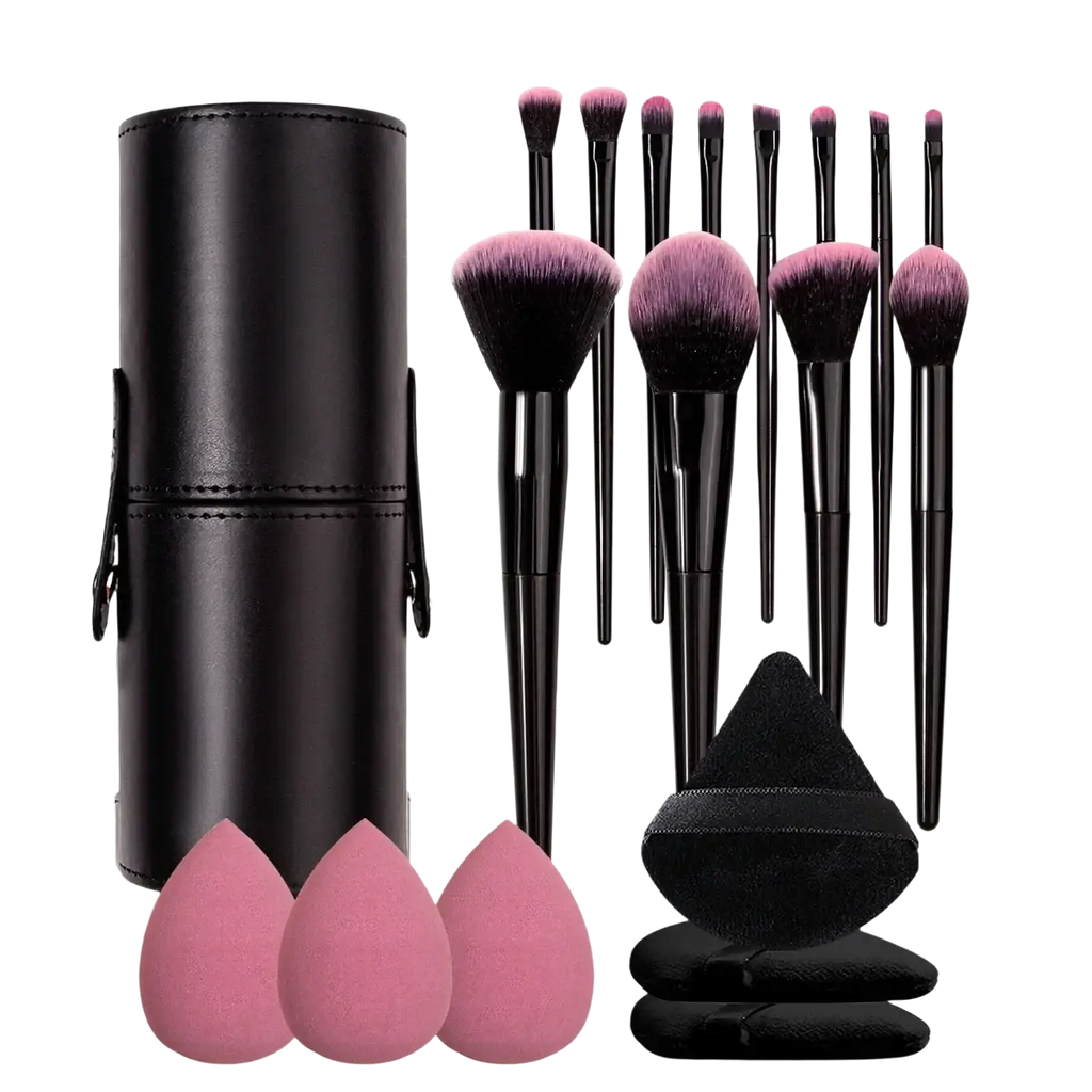 Black cylindrical leather case holding 19-piece professional makeup brush set with black handles pink-tipped brushes and pink sponges