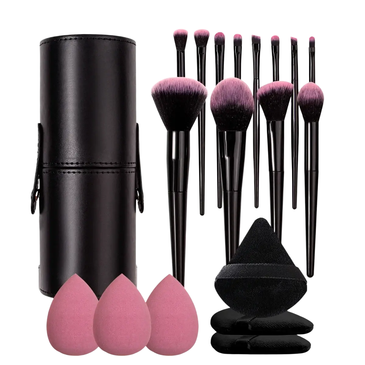 Black cylindrical leather case holding 19-piece professional makeup brush set with black handles pink-tipped brushes and pink sponges