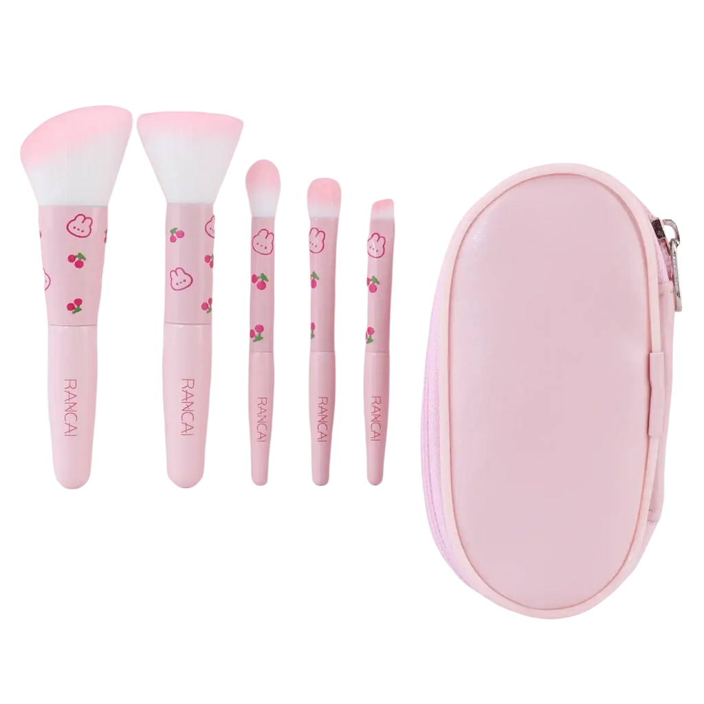 Pink bunny and cherry-patterned rancai makeup brush set with five pieces and matching pink zippered case