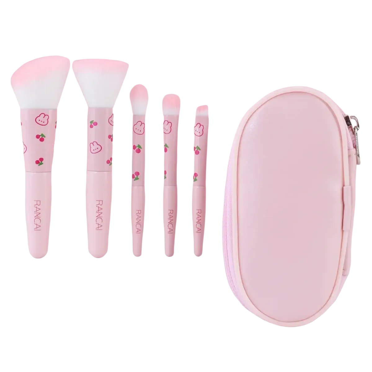 Pink bunny and cherry-patterned rancai makeup brush set with five pieces and matching pink zippered case