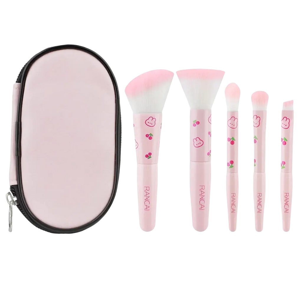 Pink bunny-themed makeup brush set with five pieces cherry patterns and matching pink carrying case