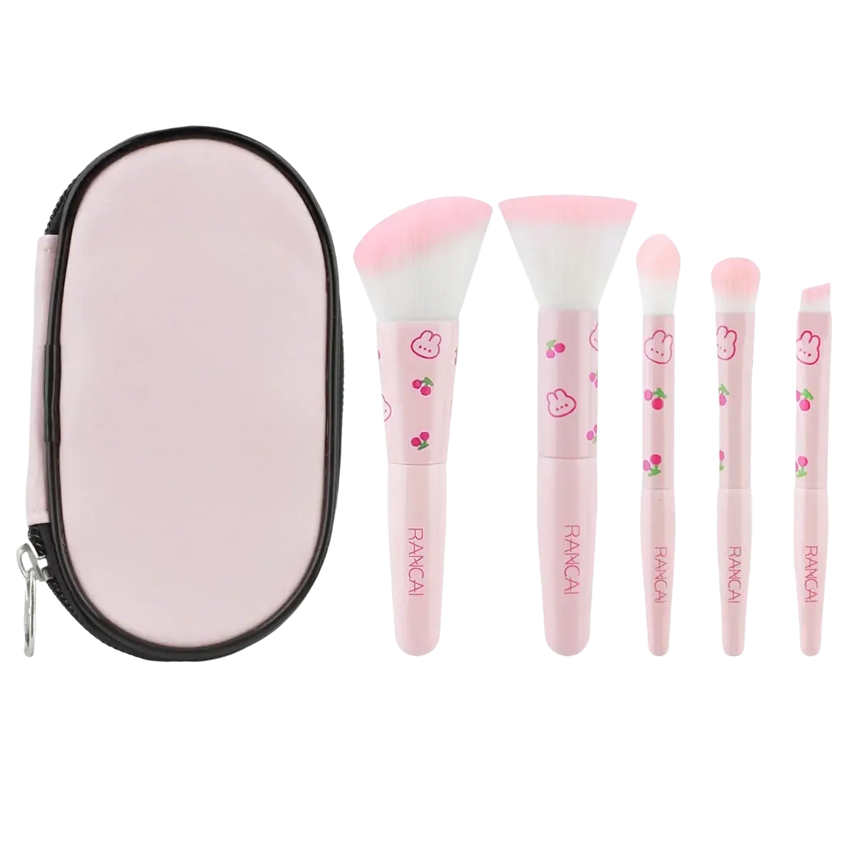 Pink bunny-themed makeup brush set with five pieces cherry patterns and matching pink carrying case