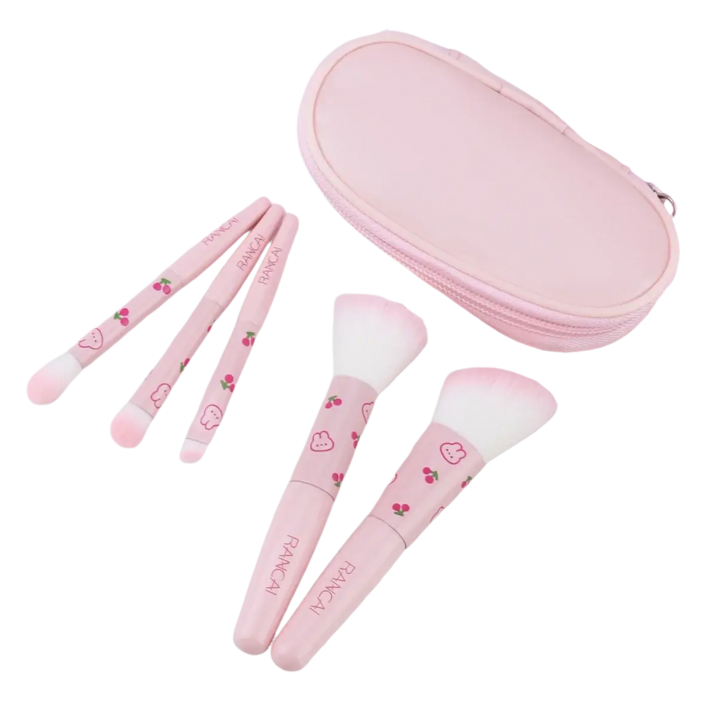 Pink cherry and bunny-themed makeup brush set with 5 pieces in matching pink zippered case for cosmetic application