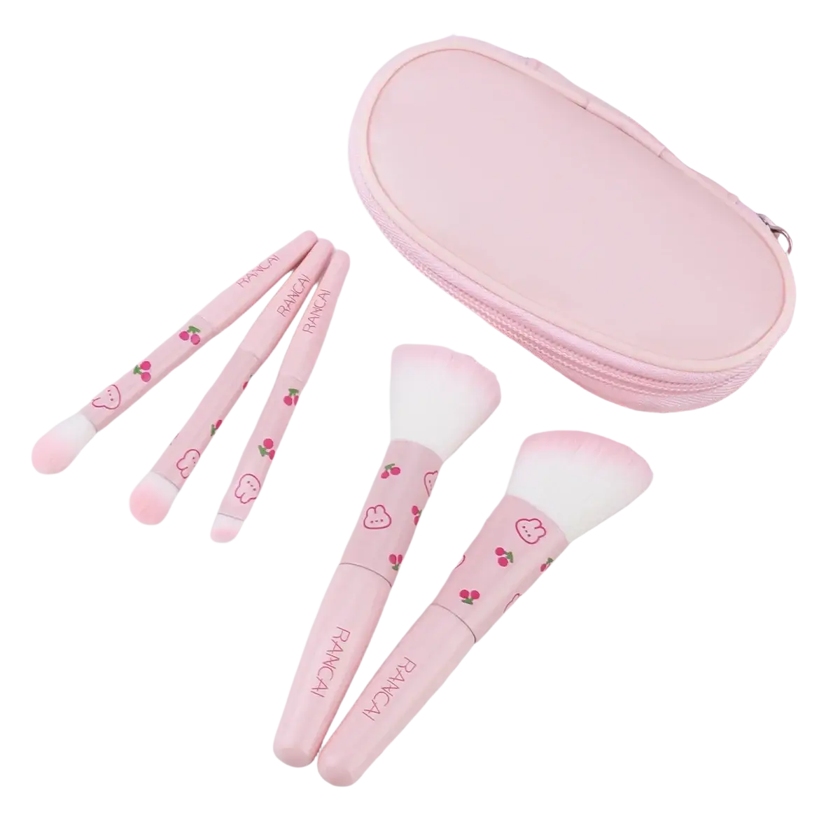 Pink cherry and bunny-themed makeup brush set with 5 pieces in matching pink zippered case for cosmetic application