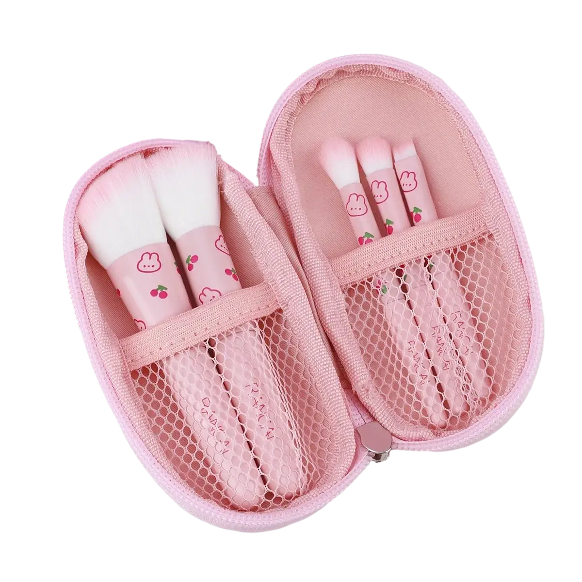 Pink mesh makeup brush case with cute bunny and cherry designs holding matching pink makeup brushes set