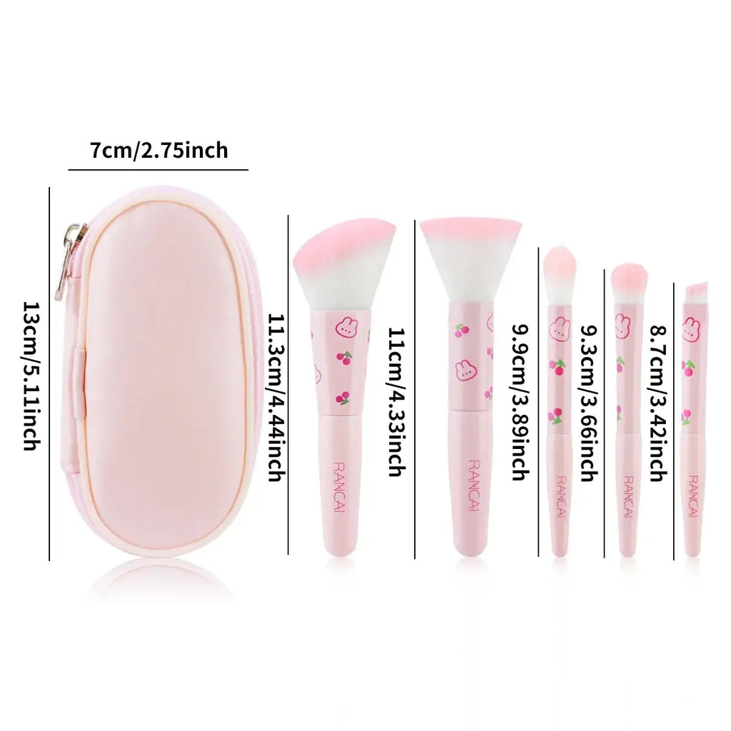 Makeup brush set cute pink 5 pieces with case featuring pink rancai handles with cherry and bunny designs and soft bristles