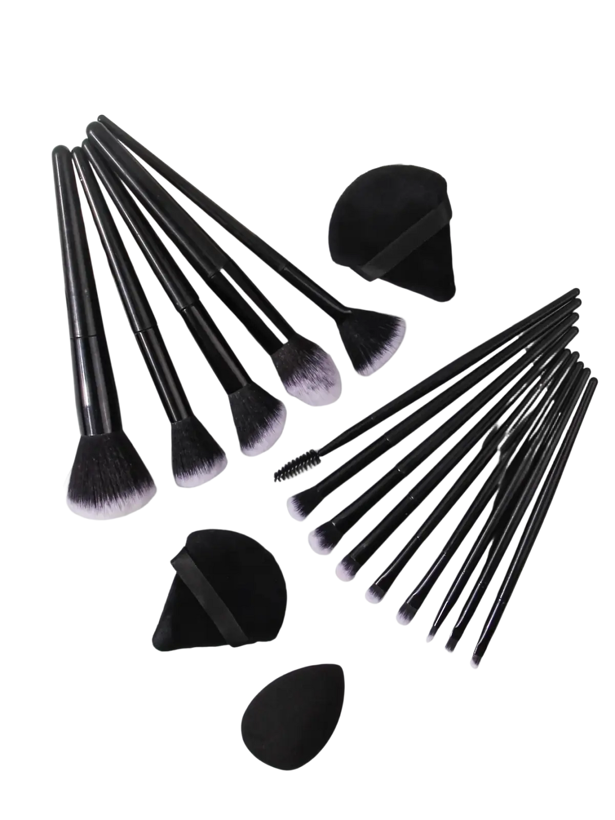 Makeup brush set with sleek black handles and gradient white tips, including black sponge applicators and holder case