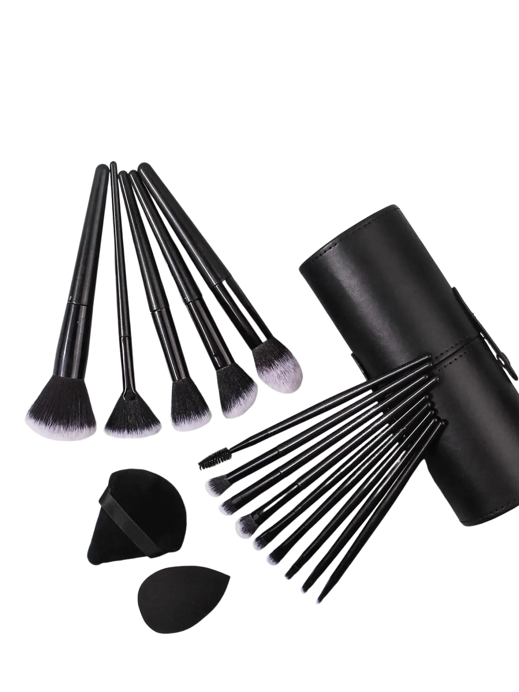 Makeup brush set with black leather case and black brushes with white-tipped bristles for professional use