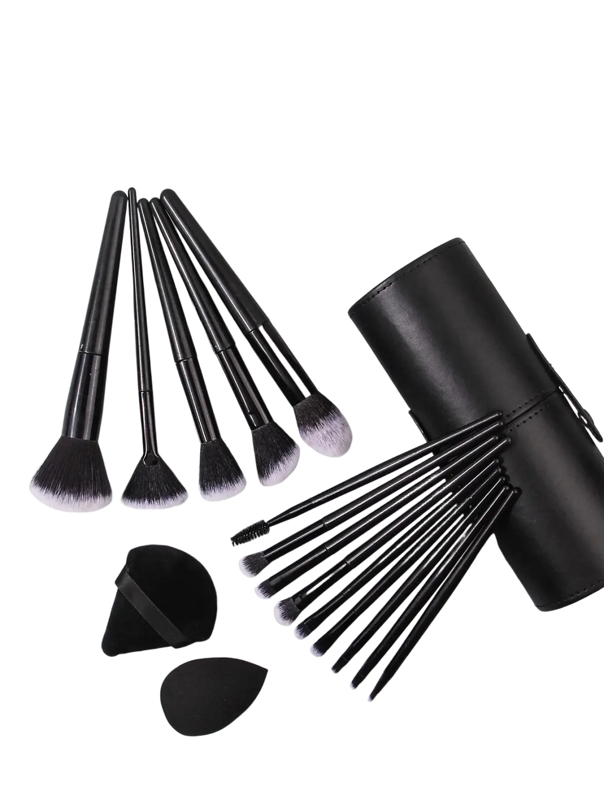 Makeup brush set with black leather case and black brushes with white-tipped bristles for professional use